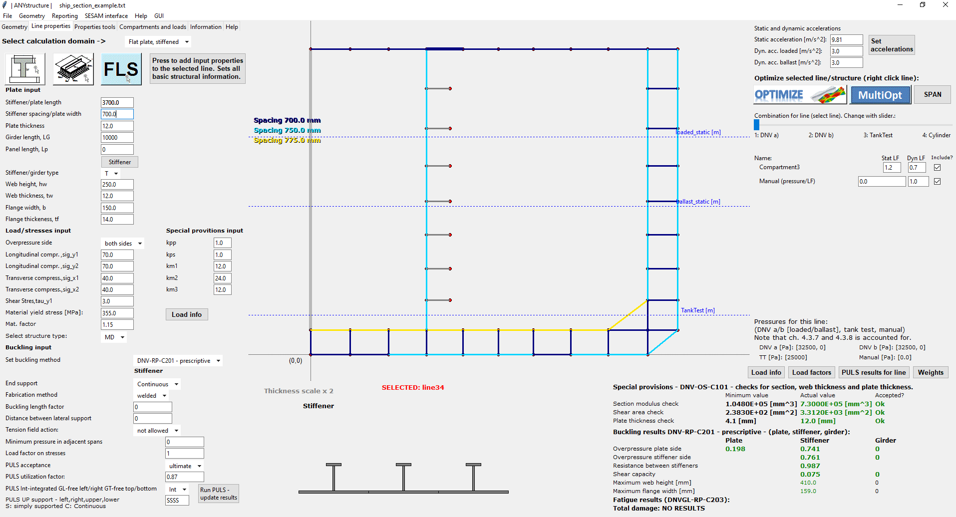 ANYstructure application window showing a steel structure model with plate fields and rule calculation results.